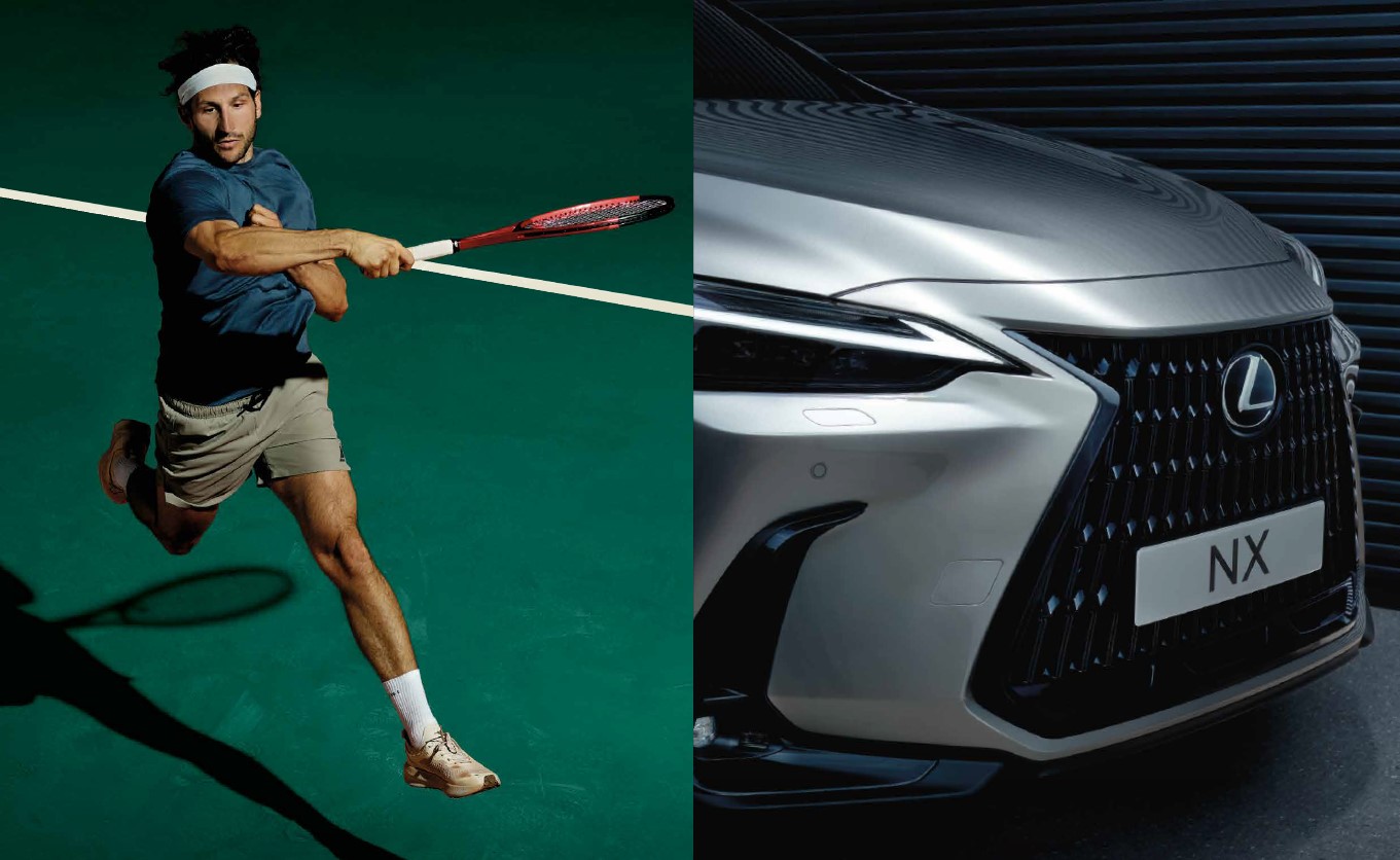 A tennis player serving during an ATP event